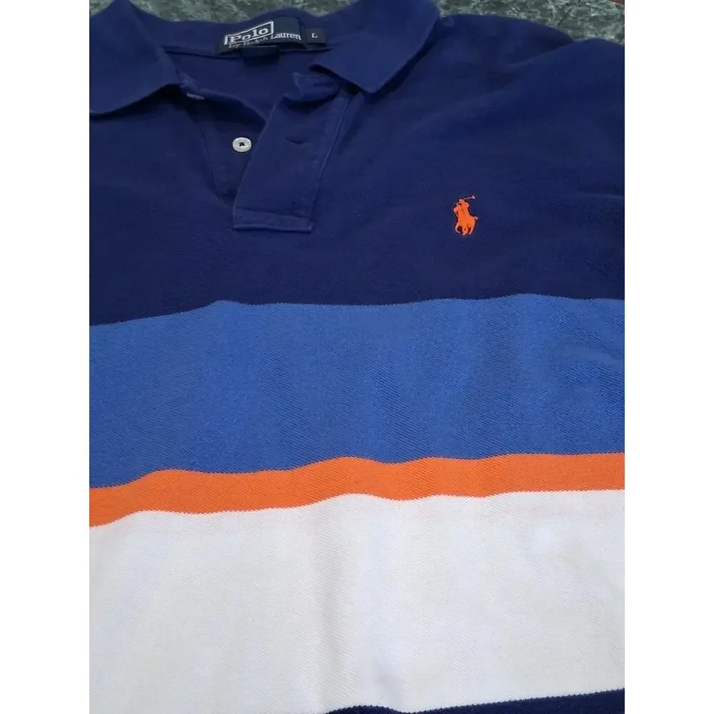 Polo Ralph Lauren Mens L Blue Orange White Colorblock Striped Polo Shirt Pony